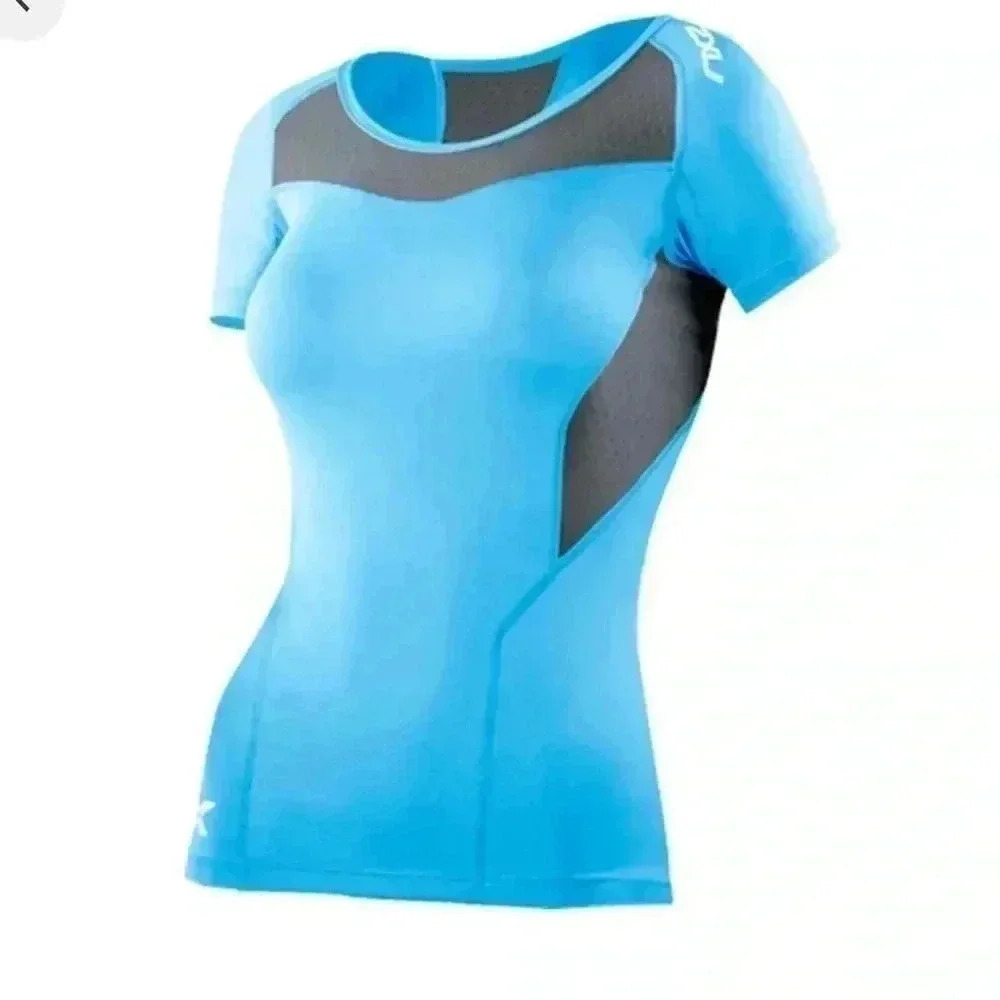 2XU blue  grey compression training athletic wicking running short sleeve top XS